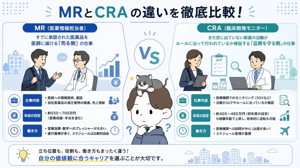 MRからCRAに転職する前に知っておきたい、仕事内容・年収・働き方の違い