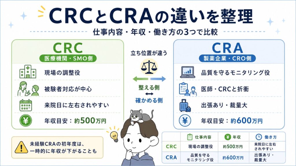 CRCとCRAの違いを、仕事内容・年収・働き方から整理する