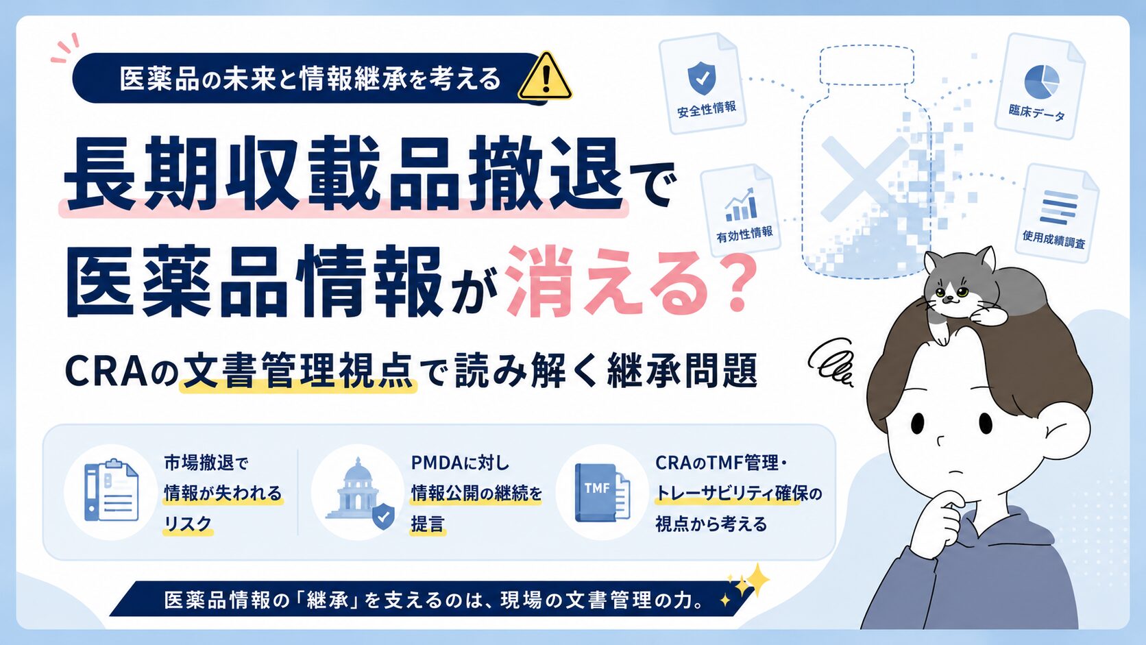 長期収載品撤退で医薬品情報が消える？CRAの文書管理視点で読み解く継承問題のアイキャッチ画像