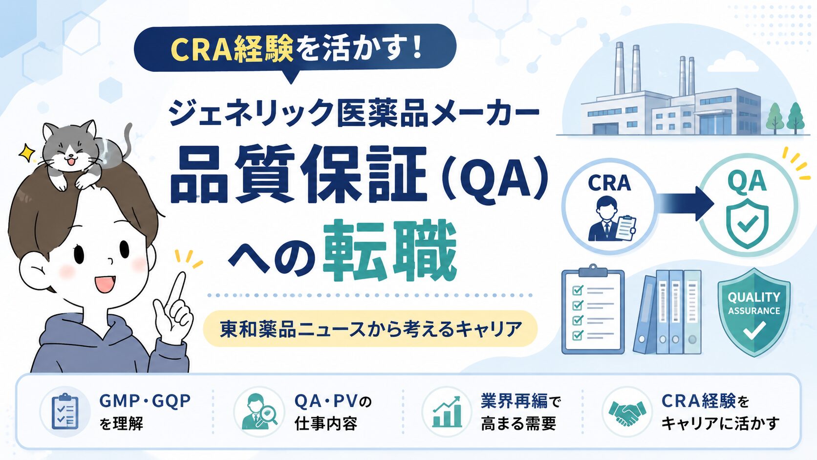 ジェネリック医薬品メーカー品質保証(QA)への転職とCRA経験の活かし方を示すアイキャッチ画像
