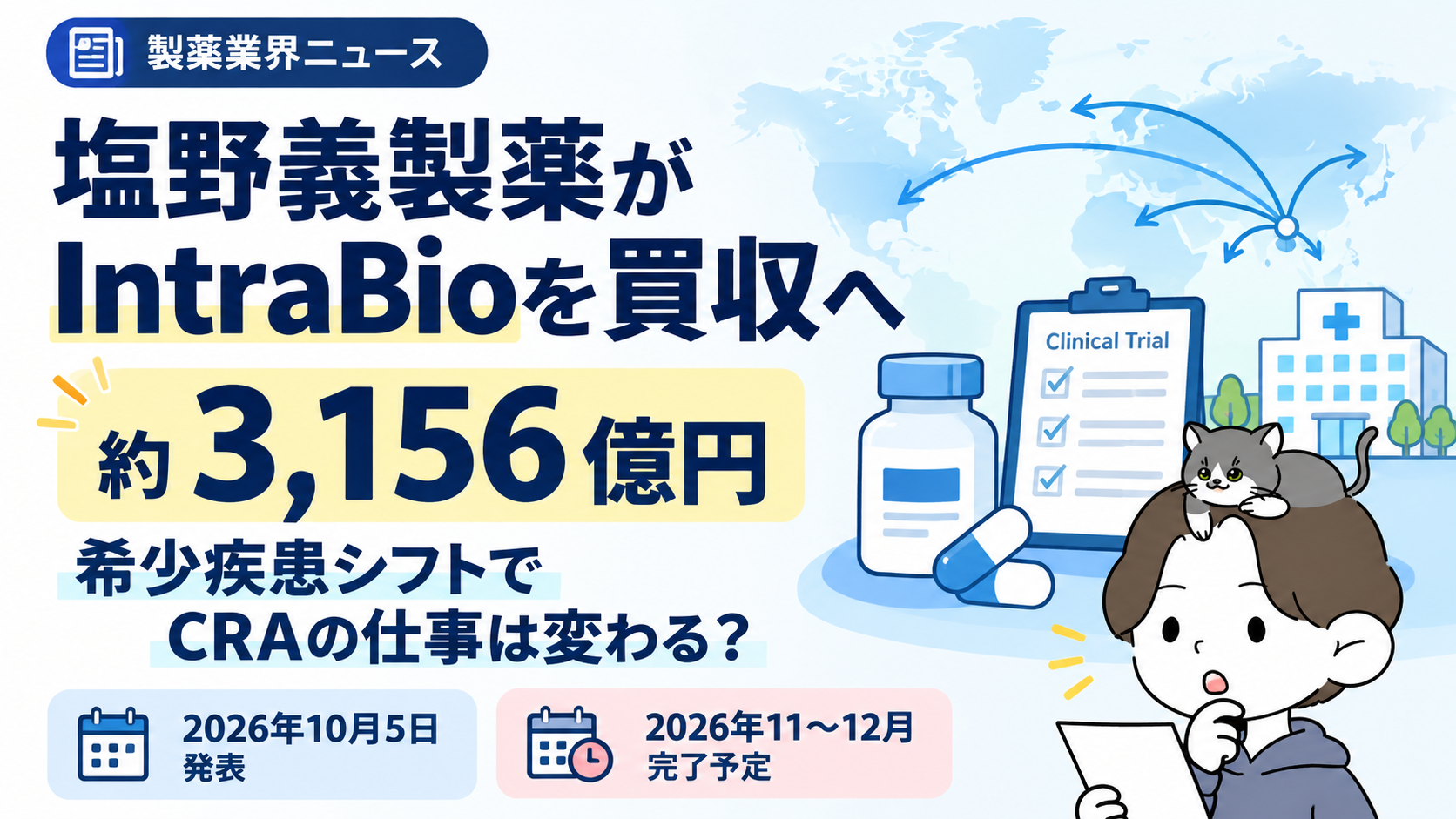 塩野義製薬がイントラバイオを約3,156億円で買収。希少疾患シフトでCRAの仕事は変わるかを示すアイキャッチ。発表は2026年10月5日、完了予定は2026年11〜12月
